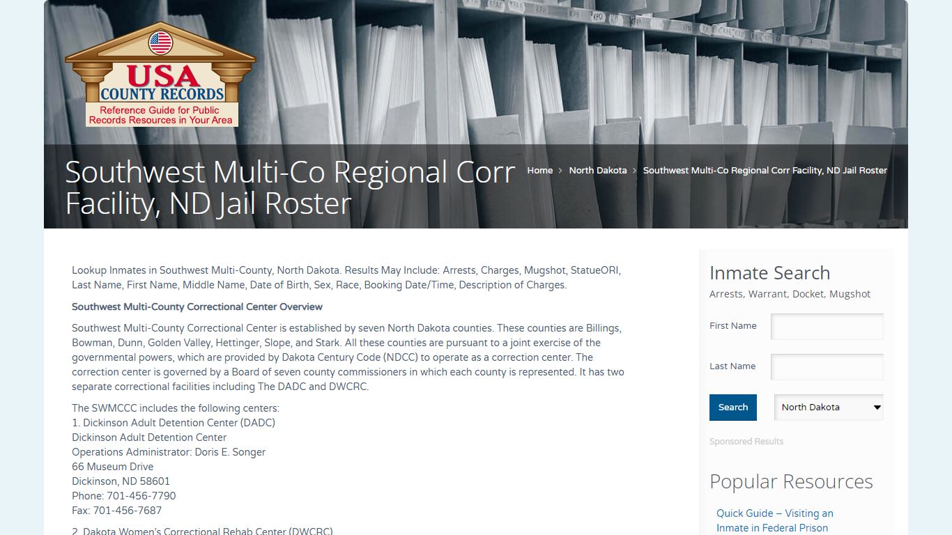 Southwest Multi-Co Regional Corr Facility, ND Jail Roster ...